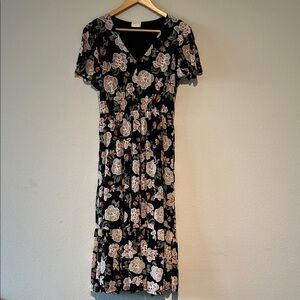 Siren Lily Petites Black Midi Dress with Cream and Pink Floral Design Size PS